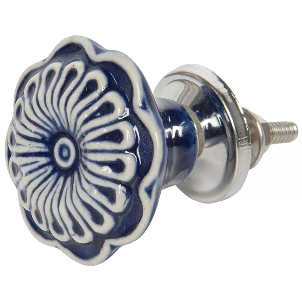 Clearance Kidzsupplies Clayre & Eef Deurknop Porselein Bloem Blauw Met Wit Patroon